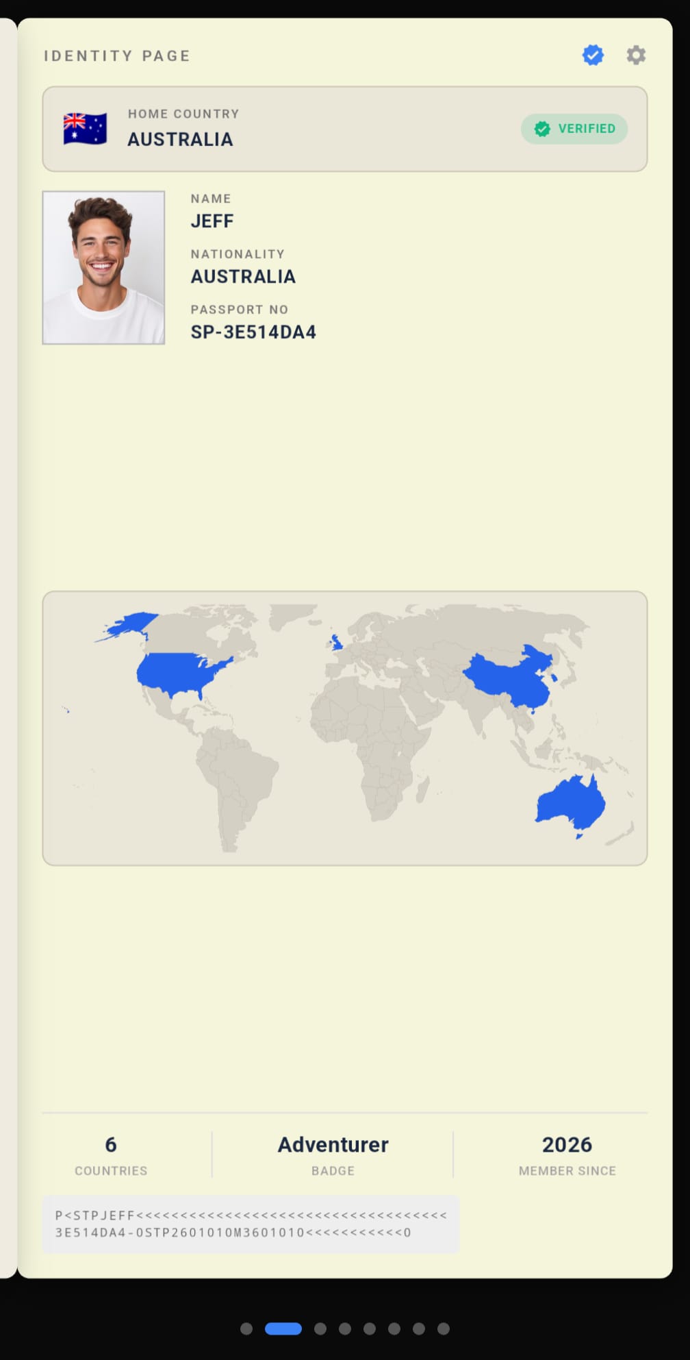 Travori app identity page showing travel passport with country stamps
