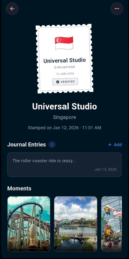 Travori app stamp detail showing GPS-verified country visit